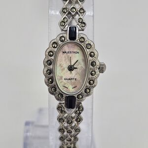 VTG Majestron Watch‎ Women 18mm Marcasite MOP Oval Dial 7" New Battery